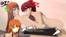 2girls 3d accurate_art_style blush breast_grab breasts brown_hair english_text female female/female female_focus female_only gameplay_mechanics glasses hearts kasumi_yoshizawa lesbian licking_breast medium_breasts nobodyrly_(artist) office_sex orange_hair persona persona_5 petite red_hair sakura_futaba sfm skinny slim small_breasts submissive submissive_female sumire_yoshizawa tagme text text_box yuri