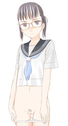 black_eyes black_hair blush female glasses navel original panties panty_pull pubic_hair pussy school_uniform serafuku short_hair short_twintails simple_background solo takafumi thighs tied_hair twintails uncensored white_background