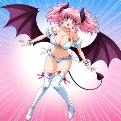 :d ai_generated bikini black_horns blue_background blush boots bow breasts cleavage clothing collarbone demon_girl demon_horns demon_tail demon_wings detached_sleeves earrings emphasis_lines female footwear frilled_bikini frills front-tie_bikini_top front-tie_top full_body gradient_background heart-shaped_pupils heart_earrings high_heel_boots high_heels horns jewelry large_breasts legwear long_hair looking_at_viewer medium_hair navel open_mouth pink_background pink_hair pointy_ears puffy_short_sleeves purple_eyes short_sleeves side-tie_bikini_bottom smile solo swimsuit symbol-shaped_pupils tail thigh_boots thighhighs twintails white_bikini white_footwear white_thighhighs wings wrist_cuffs