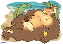 absurd_res anthro barazoku beach belly big_belly blep bovid_horn caprine_horn elemental_creature flora_fauna fur furred_kobold furred_scalie genitals grass_hair hand_on_belly hi_res horn hybrid kalei_(hydro19) kobold leaf leaf_tail looking_at_viewer lying_on_sand male musclegut muscular muscular_male nude overweight overweight_male penis plant ram_horn scalie sea shell_necklace solo tail tongue tongue_out tsumeleomon water yellow_penis
