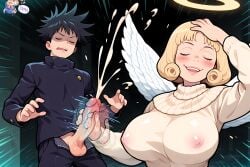 1boy ai-created ai_assisted ai_generated alternate_breast_size angel angel_wings assertive_female black_hair black_pants blonde_hair blush breasts closed_eyes clothing covered_nipples cum curly_hair ejaculation erection feathered_wings female fushiguro_megumi gakuran halo hana_kurusu handjob horny_jail_(artist) huge_breasts jacket jujutsu_kaisen large_breasts long_sleeves male megumi_fushiguro meme meme_reference naoya_hair_flip nipples open_fly open_mouth pants penis projectile_cum see-through self_upload semen short_hair smile straight sweater teeth testicles turtleneck turtleneck_sweater uncensored upper_teeth_only veins veiny_penis white_sweater white_wings wings