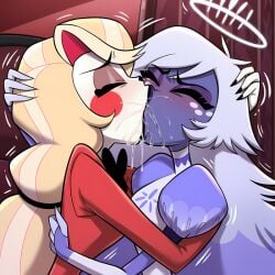 2girls ai_generated charlie_morningstar_(hazbin_hotel) cheating_girlfriend deep_tongue emily_(hazbin_hotel) extreme_french_kiss french_kiss french_kissing hazbin_hotel kissing passionate passionate_kiss powerhouserift saliva saliva_drip saliva_string saliva_trail tongue yuri