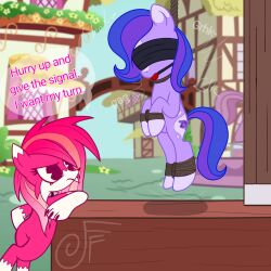 2d 2d_(artwork) 2girls asphyxiation ball_gag blindfold bondage bound breath_play digital_drawing_(artwork) digital_media_(artwork) english_text equid equine fan_character female/female female_only feral feral_on_feral fetish fizzyfox_(artist) friendship_is_magic gallows hanged hasbro horse imminent_death indifferent kink my_little_pony no_humans noose pink_body pony predicament_bondage purple_body rope self_insert self_upload sona text watching