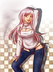 10s 1girls :d alternate_costume antenna_hair arm_behind_head arm_up bikini_jeans breasts checkered_background cigarette cleavage cleavage_cutout clothing_cutout commentary_request contrapposto cowboy_shot danganronpa danganronpa_(series) danganronpa_another_episode:_ultra_despair_girls denim female female_focus grey_hair groin hagakure_hiroko hand_on_own_thigh hand_on_thigh highres holding jeans jewelry large_breasts lips lipstick long_hair long_sleeves looking_at_viewer lowleg lowleg_pants makeup mature_female mole mole_under_mouth necklace open-chest_sweater open_mouth panties pants panty_straps parted_bangs pendant pink_eyes pink_hair red_eyes ribbed_sweater shadow side-tie_panties silver_hair slit_pupils smile smoke smoking solo standing sweater swept_bangs taut_clothes tonari_no_koneko turtleneck underwear