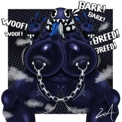 1:1 absurd_res anthro areola belly big_breasts black_body black_eyes blue_pawpads blue_tongue bodily_fluids bound bracelet breasts chain_chomp chain_leash chained chains collar digital_media_(artwork) english_text female genitals gigi_(thecoatl034) glistening hi_res huge_breasts humanoid hyper hyper_breasts jewelry larger_anthro larger_female leash looking_at_viewer mario_bros metallic_body motion_lines musk musk_cloud nintendo nipple_piercing nipples nude pawpads piercing pinup pose round_head scar sharp_teeth signature simple_background size_difference slightly_chubby smile solo spiked_bracelet spiked_collar spikes spread_legs spreading sweat sweaty_breasts teeth text thick_thighs tongue tongue_out vexter_arts vulva wide_hips x_scar