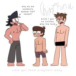 artist_request black_eyes black_hair blue_eyes brown_hair chimptopia clothed clothed_male clothing color dialogue english_text hat human human_only light_skin male male_focus male_only multiple_boys nolan_(chimptopia) open_eyes open_mouth partially_clothed robby_(chimptopia) simple_background standing text twitter_link waffles_(chimptopia) white_background