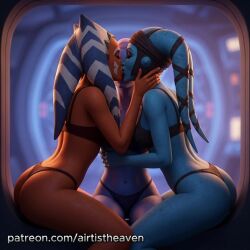 aayla_secura ahsoka_tano ai_generated alien alien_girl animated blue_body bra clone_wars female female_only group high_quality high_resolution highres kissing lesbian_kiss lucasfilm orange_body pantoran patreon riyo_chuchi star_wars star_wars:_ahsoka tagme thong togruta twi'lek underwear video yuri