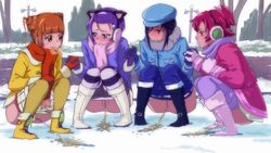 4girls aida_mana ass blush clothing dokidoki!_precure female female_only group_pee hishikawa_rikka holding_hands kenzaki_makoto lunalu9 multiple_girls outside panties pants pants_down peeing precure pretty_cure public pussy squatting tagme uncensored yotsuba_alice young