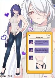 acheron_(honkai:_star_rail) alternate_costume ass bag bare_shoulders bikini_jeans black_bag black_footwear black_panties black_shoes breasts chat_log commentary denim earrings english_text female full_body hair_ornament hair_over_one_eye hand_on_own_hip high_heels highleg highleg_panties highres holding holding_bag honkai:_star_rail honkai_(series) jeans jewelry large_breasts long_hair looking_at_viewer lowleg lowleg_pants median_furrow multicolored_hair nail_polish official_alternate_color official_art_inset panties pants parted_lips purple_eyes purple_hair purple_nails red_eyes ribbed_sweater shoes sidelocks smile streaked_hair sweater text_messaging turtleneck twitter_username underwear very_long_hair virgin_killer_sweater white_hair yoshitoki_(kisshin) zoom_layer