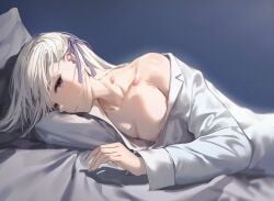 1girls bed bedroom breasts cleavage edelgard_von_hresvelg fingers fire_emblem fire_emblem:_three_houses looking_at_viewer pale-skinned_female pale_skin partially_clothed purple_eyes shoulders suggestive suggestive_look white_hair