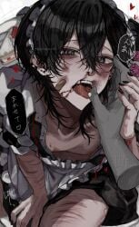 1boy @_@ aegyo_sal apron bags_under_eyes bandaid bandaid_on_face between_legs black_dress black_eyes black_hair black_nails blood blood_splatter bruise bruise_on_face commentary_request crossed_bangs disembodied_hand double-parted_bangs dress enmaided hair_between_eyes hand_between_legs highres holding_hands hosikage4040 injury looking_at_viewer maid maid_headdress male_focus nipple_piercing nosebleed open_mouth original pectoral_cleavage pectorals piercing scar scar_on_arm self-harm short_hair sidelocks solo thigh_cutting tongue tongue_out tongue_piercing translation_request viewer_self-insert white_apron wrist_cutting