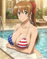 1girls ai_generated american_flag_bikini bikini brown_eyes brown_hair female female_focus female_only highschool_of_the_dead looking_at_viewer miyamoto_rei outdoors pool poolside rei_miyamoto smile smiling smiling_at_viewer solo solo_female tagme