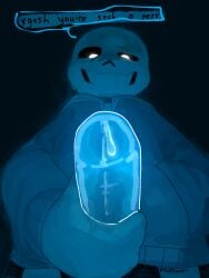 1boy animated_skeleton anterior_nasal_aperture blue_penis blue_theme bodily_fluids bone dialogue dialogue_box genital_fluids glowing_eyes glowing_penis grin holding_penis humanoid looking_at_viewer male male_focus male_only penis penis_focus penis_on_face pointing_at_viewer precum sadfloow sans skeleton smile sweat teasing teeth undead undertale undertale_(series)