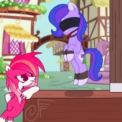 2d 2d_(artwork) 2girls asphyxiation ball_gag blindfold bondage bound breath_play digital_drawing_(artwork) digital_media_(artwork) equid equine fan_character female/female female_only feral feral_on_feral fetish fizzyfox_(artist) friendship_is_magic gallows hanged hasbro horse imminent_death indifferent kink my_little_pony no_humans noose pink_body pony predicament_bondage purple_body rope self_insert self_upload sona watching