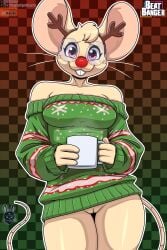 2025 2:3 anthro beat_banger breasts buckteeth bunfan_games checkered checkered_background christmas clothing coffee_mug eyewear fake_antlers fake_horns fake_red_nose female freckled_face freckles fur genitals glasses green_clothing green_sweater green_topwear hi_res holidays looking_at_viewer makayla_cohen mammal mouse mouse_ears mouse_tail murid murine outline pattern_background purple_eyes reindeer_antlers rodent simple_background skay_smidyth_samuel smile solo sweater tan_body tan_fur teeth topwear vulva whiskers white_outline