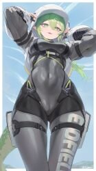 1girls arknights arknights:_endfield armpits arms_up athletic_body athletic_female belly belly_button belly_button_visible_through_clothing breasts cameltoe fluorite_(arknights:_endfield) green_eyes hair_ornament hi_res hips hood hooded_jacket hoodie jtveemo looking_at_viewer low-angle_view ponytail reptile reptile_girl smile suit tail thick_thighs thighs tight_clothing tight_suit wide_hipped_female wide_hips