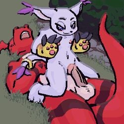 animated anticipation balls bandai_namco blush breasts claws digimon digimon_(species) erection feline female gatomon gloves guilmon machv99 male male_anthro mammal nipples penis reverse_cowgirl_position scalie sleeping small_breasts tail_ring