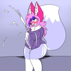 anthro big_tail blush breasts bulge canid canine clothed clothing cum cumshot dickgirl ejaculation excessive_cum fluffy fox fur hair intersex mammal mazz mazzlerazz open_mouth orgasm smile solo thick_thighs wide_hips