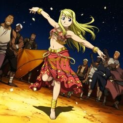 1girls abasta african_dress ai_generated barefoot belly_dancer_outfit blonde_hair blue_eyes breasts dancing dark-skinned_male desert feet female fullmetal_alchemist fully_clothed happy light-skinned_female light_skin long_hair looking_at_viewer multiple_boys posing pov red_skirt sidelocks smile traditional_clothes tribal winry_rockbell