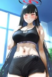 ai_generated black_hair blue_archive erection_under_clothes futanari gerumusi long_hair looking_at_viewer navel precum red_eyes rio_(blue_archive) shorts sports_bra sportswear standing testicles