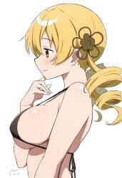 bare_arms bare_belly bare_shoulders big_breasts bikini black_bikini blonde_hair blush body_blush breasts closed_mouth collarbone drill_hair hair_ornament long_hair mahou_shoujo_madoka_magica nagare_(flow) shiny_skin side_view sideboob smile strap_gap tomoe_mami underboob yellow_eyes