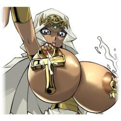 big_breasts bimbo breasts dark-skinned_female dark_skin female gigantic_breasts huge_breasts huge_nipples hyper_breasts ishizu_ishtar isis_ishtar lactation large_breasts milk nipple_piercing nipples piercing topless yu-gi-oh! yu-gi-oh!_duel_links yu-gi-oh!_duel_monsters