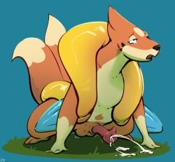 2_tails 3_fingers animal_genitalia animal_penis anthro balls blue_background bodily_fluids crouching cum cum_on_ground ejaculation erection fingers fizzpop floatzel generation_4_pokemon genital_fluids genitals hi_res male motion_lines multi_tail nintendo nude open_mouth orange_body penis pokemon pokemon_(species) sheath signature simple_background solo tail