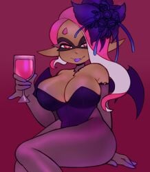 1girls breasts bunnysuit cleavage drink female frye_(splatoon) inkling inkling_girl looking_at_viewer pantyhose pink_hair pointy_ears solo solo_female solo_focus splatoon splatoon_(series) splatoon_3 tentacle tentacle_hair tongue tongue_out vespbee wine wine_glass