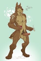 anthro badcoyote balls canine cigarette coyote erection fur furry humanoid_penis looking_at_viewer male male_only mammal nude penis pubes smoking standing tattoo