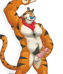 armpits balls feline kirron male male_only mammal masturbation penis plain_background solo tiger tony_the_tiger vein