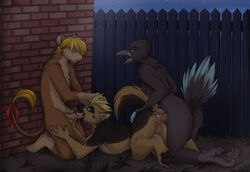 2014 alley anal anal_sex anthro avian balls beak bird black_feathers blonde_hair brown_fur closed_eyes cum cum_in_ass cum_inside fellatio fur furry gay group group_sex hair keihound kneeling licking lying male night nude on_front oral oral_sex outside penetration penis raised_tail sex threesome tongue