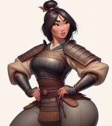 1female ai_generated armor asian asian_female big_ass big_butt chinese_clothes disney disney_princess fa_mulan mulan mulan_(1998_film) wide_hips