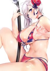 american_flag_bikini american_flag_print asymmetrical_hair bare_shoulders bikini bikini_tug blue_eyes blush breasts bun_cover cleavage collarbone fate/grand_order fate_(series) female flag_print gunblade hair_bun highres holding holding_sword holding_weapon knee_up large_breasts long_hair looking_at_viewer marushin_(denwa0214) miyamoto_musashi_(fate) miyamoto_musashi_(fate/grand_order) miyamoto_musashi_(swimsuit_berserker)_(fate) miyamoto_musashi_(swimsuit_berserker)_(second_ascension)_(fate) navel nipple_slip nipples pink_hair print_bikini ribbon shiny_skin simple_background single_hair_bun sitting solo swept_bangs swimsuit sword weapon white_background