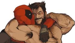 2boys abs arm_around_neck arm_hair armpit_hair armpits arms_up bara beard black_gloves bonjourdraws brown_eyes brown_hair chest_hair clothed_male_nude_male couple deadpool deadpool_&_wolverine_(2024) eye_contact facial_hair gay gloves hand_on_another's_chest headlock looking_at_another male_focus marvel marvel_comics mask mature_male multiple_boys nipples nude pectorals red_mask simple_background smile spandex superhero_costume teeth topless_male upper_body white_background white_eyes wolverine_(x-men) x-men yaoi