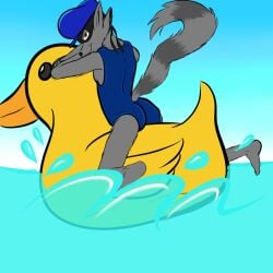 inflatable inflatable_duck, inflatable_toy looking_at_viewer looking_back on_water one_piece_swimsuit sly_cooper waves,