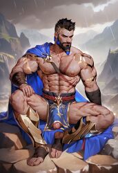 abs ai_generated balls bara beard biceps big_balls big_bulge bulge cape daddy league_of_legends male male_nipples male_only manly mature_male mohawk mohawk_(hairstyle) muscular_male nipples pantheon pecs penis riot_games tattoos wankyc