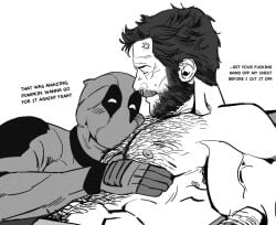 2boys anger_vein bara bare_shoulders beard bonjourdraws chest_hair closed_eyes clothed_male_nude_male couple deadpool deadpool_&_wolverine_(2024) english_text facial_hair gay greyscale groin hand_on_own_chest head_on_chest lying lying_on_person male_focus marvel marvel_comics mature_male monochrome multiple_boys muscular muscular_male nipples nude on_back on_side pectoral_squeeze short_hair superhero_costume topless_male veins veiny_arms white_eyes wolverine_(x-men) x-men yaoi