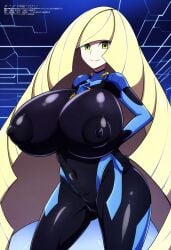 ai_generated big_breasts blonde_hair bodysuit breasts female female_focus female_only green_eyes huge_breasts large_breasts long_hair lusamine_(pokemon) nanana_(artist) nintendo nipple_bulge pokemon pokemon_sm solo thighs