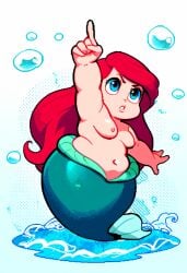 ai-created ai_generated ariel ariel_(the_little_mermaid) bbw big_belly blue_background blue_eyes chibi disney_princess full_body gradient_background halftone_background hydrokinesis index_finger_raised looking_up medium_breasts mermaid novelai parted_lips pixel_art plump red_hair slightly_chubby_female someraindropsonroses_(artist) stomach_bulge the_little_mermaid the_little_mermaid_(1989_film) topless v-shaped_eyebrows water_drop white_background