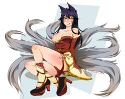 :p aanniimmaakkss ahri animal_ears bare_shoulders black_hair blush breasts breasts_out detached_sleeves facial_mark female fox_ears fox_tail high_heels highres league_of_legends long_hair looking_at_viewer multi_tail multiple_tails nipples one_breast_out sitting skirt smile solo tail tongue