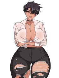 1female 1girls black_hair breasts dark-skinned_female dark_skin demon_dog demondog17 jeans large_breasts piercing piercings short_hair smile solo solo_female solo_focus standing thick_thighs thighs tomboy tomoe_tsukishima(demon_dog) torn_clothes torn_clothing torn_legwear yellow_eyes