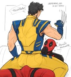 2boys ass back bara black_bodysuit black_hair blue_bodysuit blush bodysuit bulge claw_(weapon) deadpool dreaming_oor erection erection_under_clothes facial_hair gay male_focus marvel marvel_comics multiple_boys muscular muscular_male own_hands_together praying red_bodysuit short_hair sitting sitting_on_person translation_request twitter_username two-tone_bodysuit weapon wolverine_(x-men) x-men yaoi yellow_bodysuit