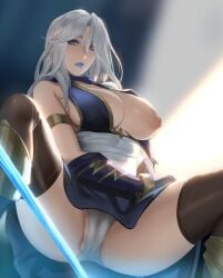 ashe_(league_of_legends) blue_eyes breasts breasts_out cameltoe dress female from_below huge_breasts league_of_legends nipples panties partially_visible_vulva pd solo squatting teasing thighhighs upskirt white_hair white_panties