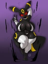 anthro black_fur female furry huge_breasts old_art open_mouth pokemon pokemon_gsc ponytail red_eyes solo suirano tail umbreon wide_hips