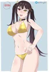 bikini cistus cistus_(date_a_bullet) date_a_live date_a_live:_date_a_bullet golden_bikini heterochromia pointy_chin sheong_wong smile tokisaki_kurumi yellow_bikini yellow_dress