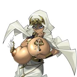 big_breasts bimbo breasts dark-skinned_female dark_skin gigantic_breasts huge_breasts huge_nipples hyper_breasts ishizu_ishtar isis_ishtar lactation large_breasts milk nipple_piercing nipples piercing topless yu-gi-oh! yu-gi-oh!_duel_monsters