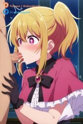 1girls ai_generated bangs blonde_hair blowjob blush breasts cum cum_in_mouth cum_on_face cumming curvaceous curvaceous_female curvaceous_figure curvy curvy_figure cute cute_face deep_blowjob dress eye_contact eyebrows_visible_through_hair female female_focus gloves highres hoshino_ruby idol idol_clothes indoors light-skinned_female light_skin looking_at_viewer medium_breasts oral oshi_no_ko pink_eyes pov short_hair simple_background sitting star-shaped_pupils star_(symbol) straight tagme thebardspirit voluptuous voluptuous_female young young_female