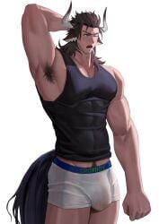 abs absurd_res animal_humanoid arknights armpit_hair body_hair bovid bovid_humanoid bovine bovine_humanoid boxer_briefs brown_hair bulge cattle_humanoid clothing detailed_bulge genital_outline hair hi_res horn humanoid hypergryph male male_only mammal mammal_humanoid matterhorn_(arknights) muscular muscular_male one_eye_closed open_mouth pecs penis_outline portrait pubes shirt simple_background solo studio_montagne tail tank_top three-quarter_portrait topwear translucent translucent_clothing underwear white_background xiaohong723 yawn