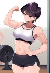 ai_generated biceps black_eyes black_hair flexing flexing_bicep gym highres komi-san_wa_komyushou_desu komi_can't_communicate komi_shuuko medium_breasts midriff muscle muscle_mommy nai_diffusion narrow_waist rubycks shiny_skin short_hair short_shorts shorts solo solo_female solo_focus sports_bra sweat toned toned_female