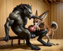 ai_generated barn blowjob canine couple cum cumming duo gay knot male_on_male muscular_male oral realistic solo vulpera werewolf wolf worgen world_of_warcraft wow